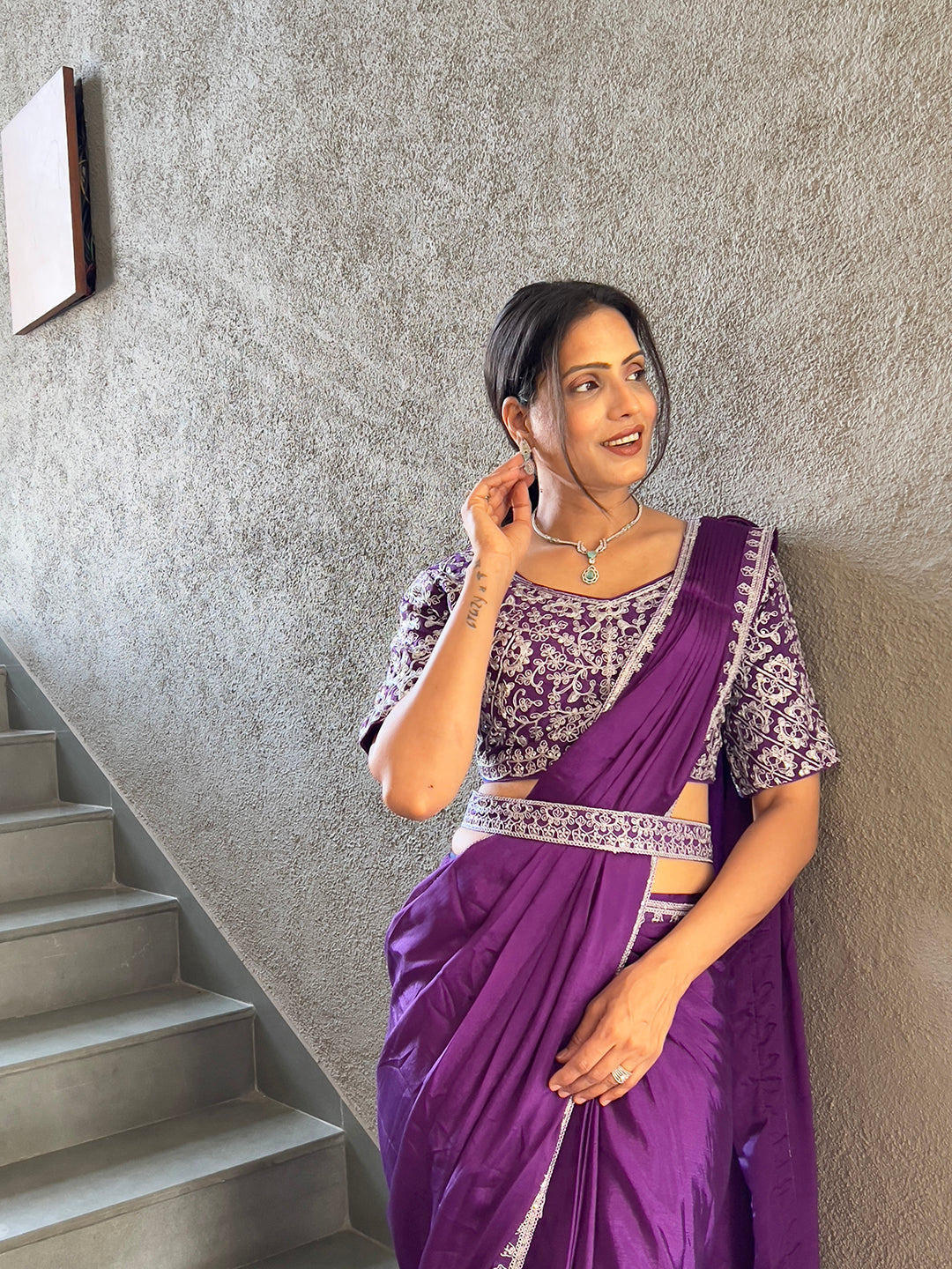 Ready To Wear Chinnon Embroidery Work Saree With Stitched Blouse