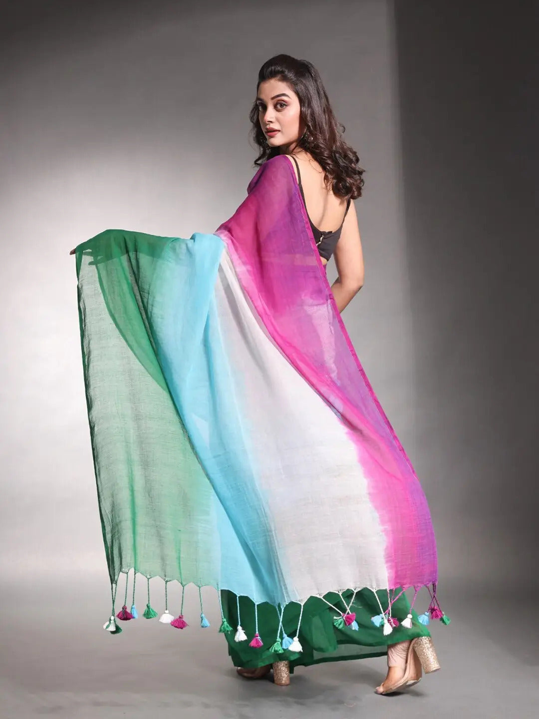 Multicolor Striped Cotton Linen Printed Saree