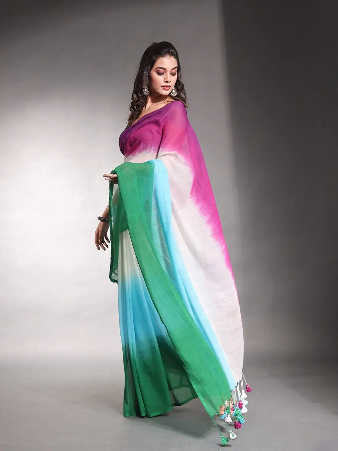 Multicolor Striped Cotton Linen Printed Saree