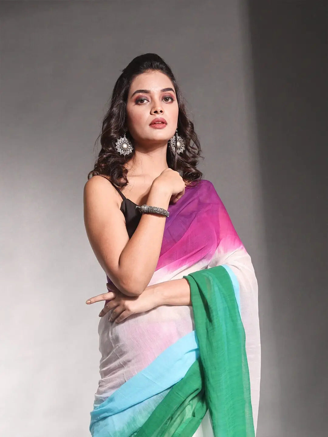 Multicolor Striped Cotton Linen Printed Saree