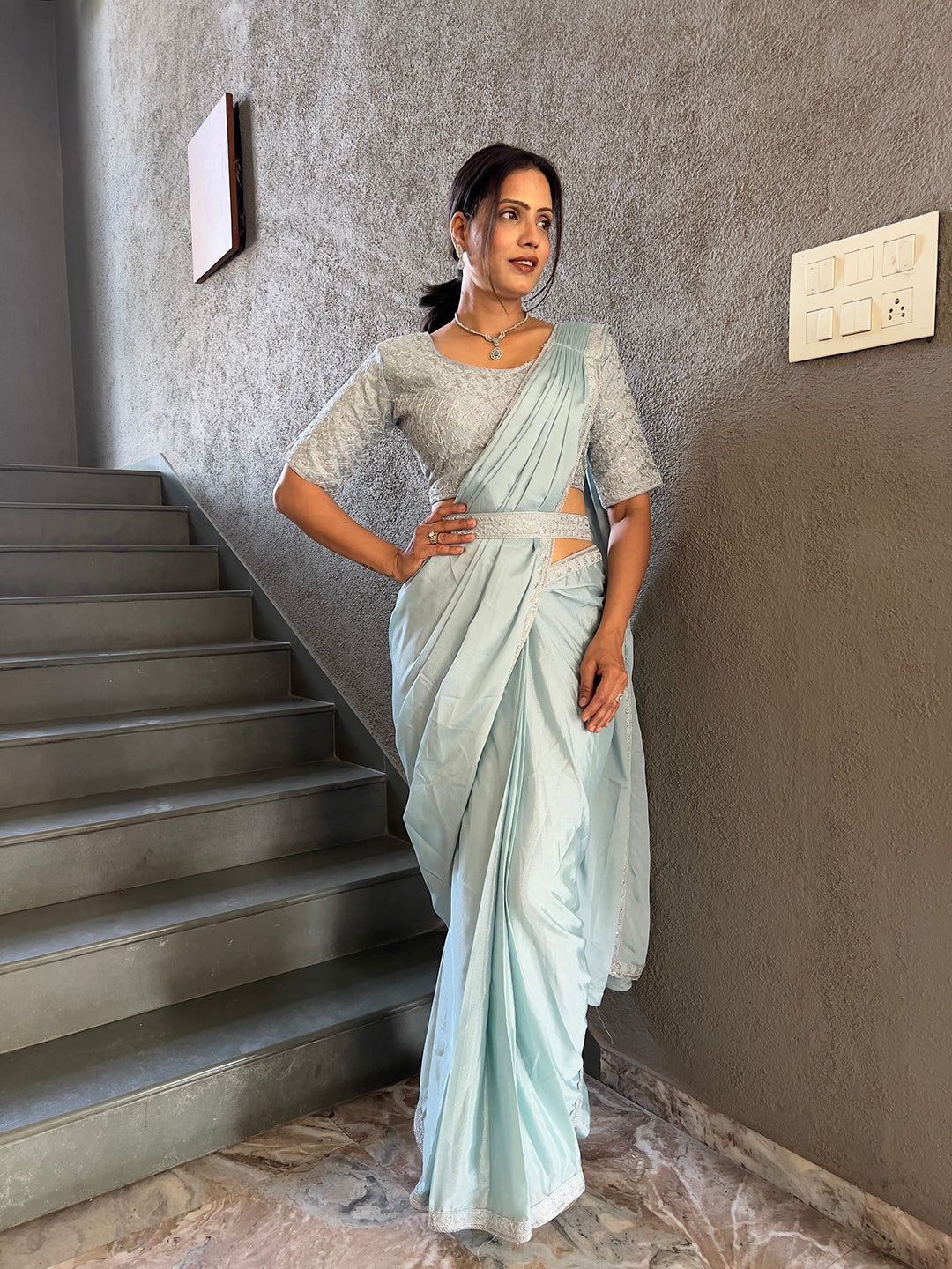 Ready To Wear Chinnon Embroidery Work Saree With Stitched Blouse