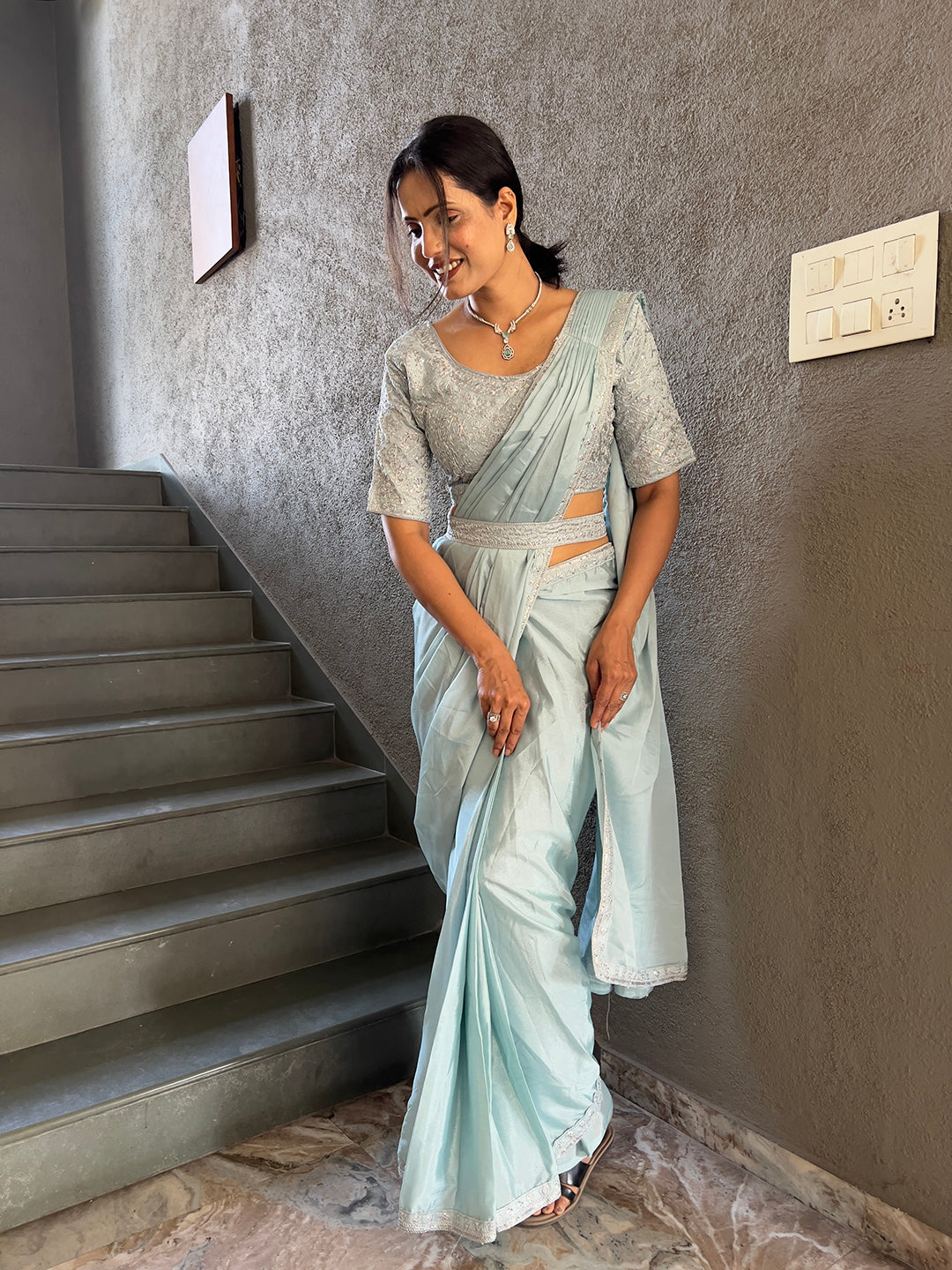 Ready To Wear Chinnon Embroidery Work Saree With Stitched Blouse