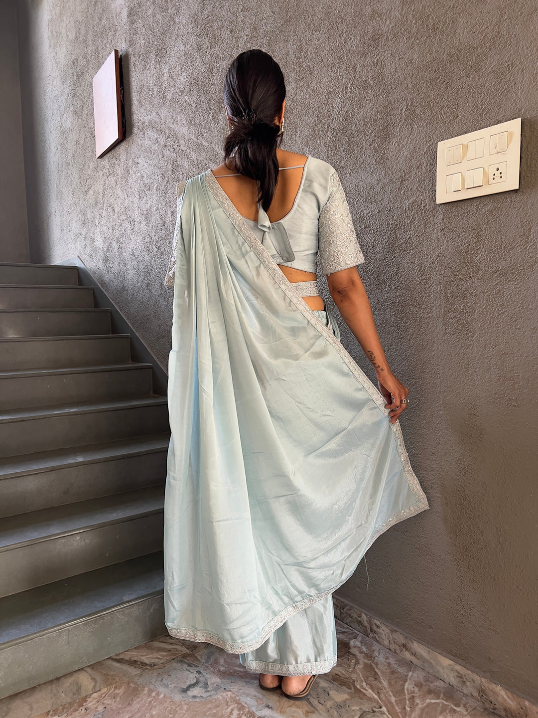 Ready To Wear Chinnon Embroidery Work Saree With Stitched Blouse