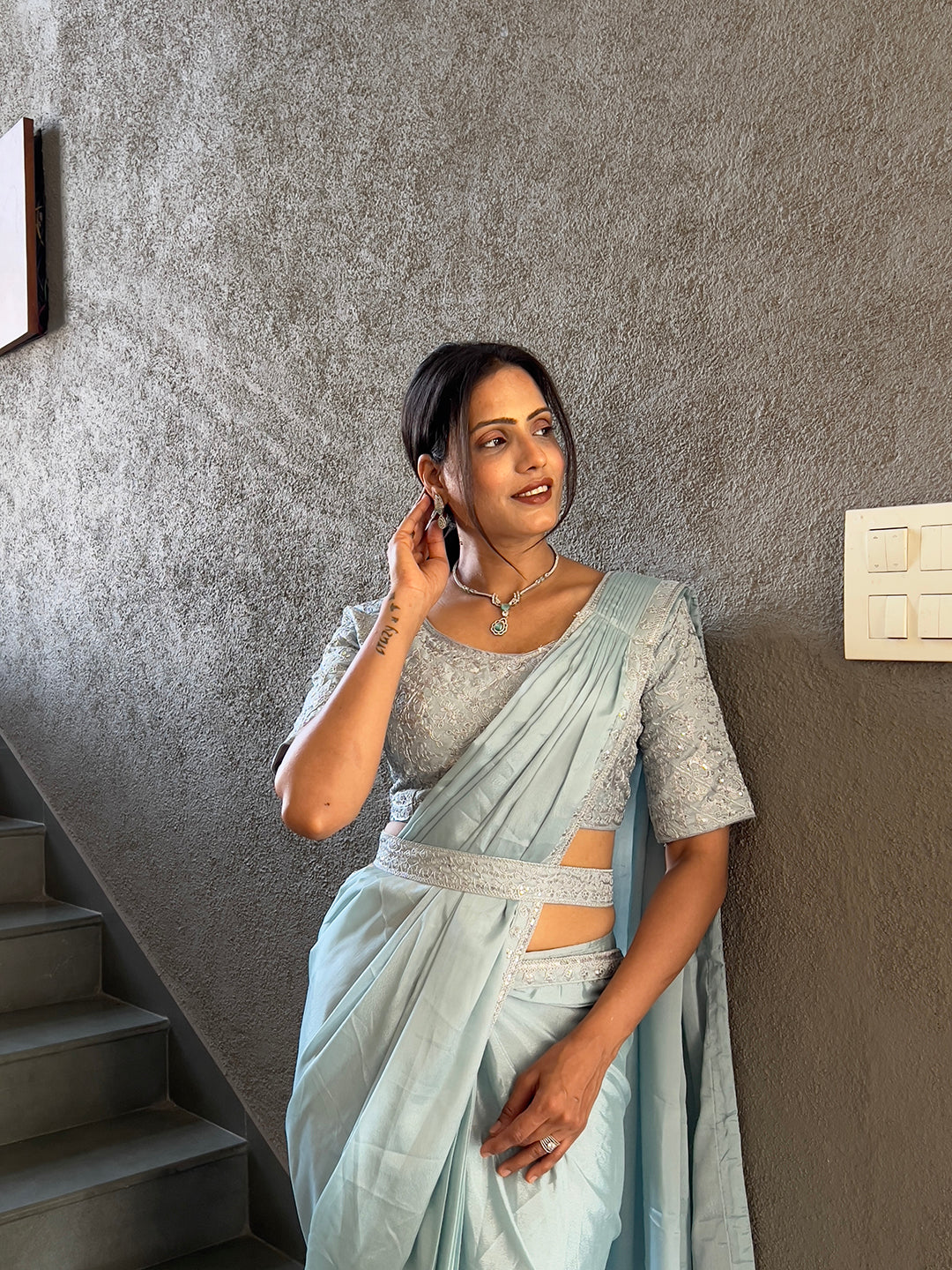 Ready To Wear Chinnon Embroidery Work Saree With Stitched Blouse