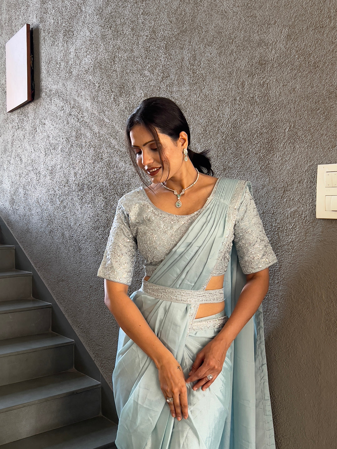 Ready To Wear Chinnon Embroidery Work Saree With Stitched Blouse