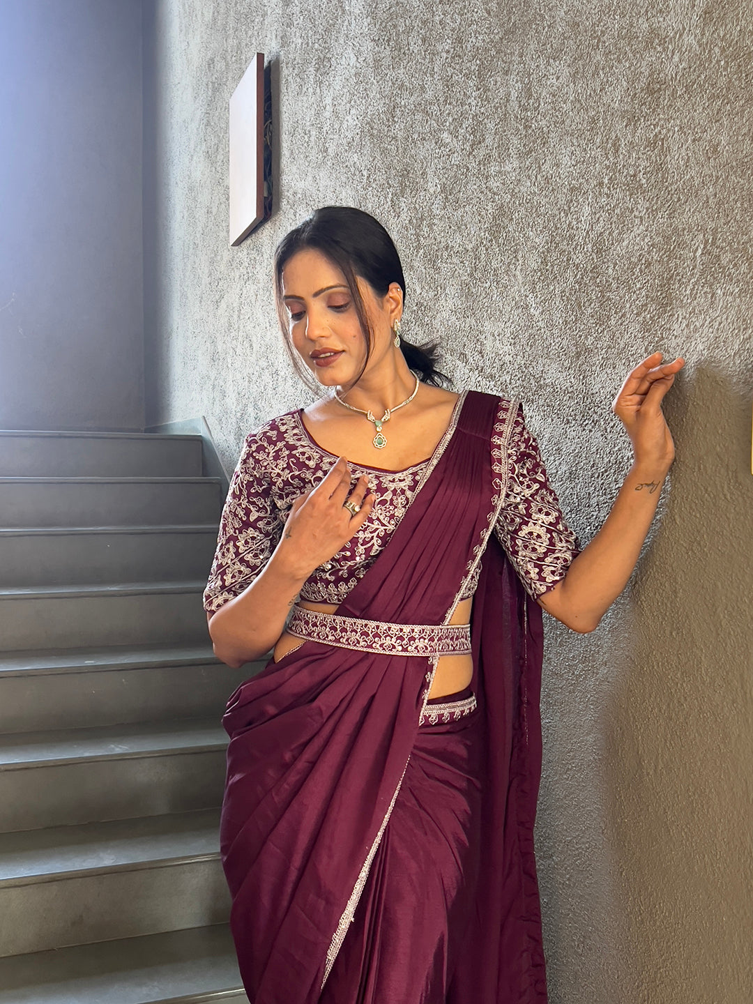 Ready To Wear Chinnon Embroidery Work Saree With Stitched Blouse