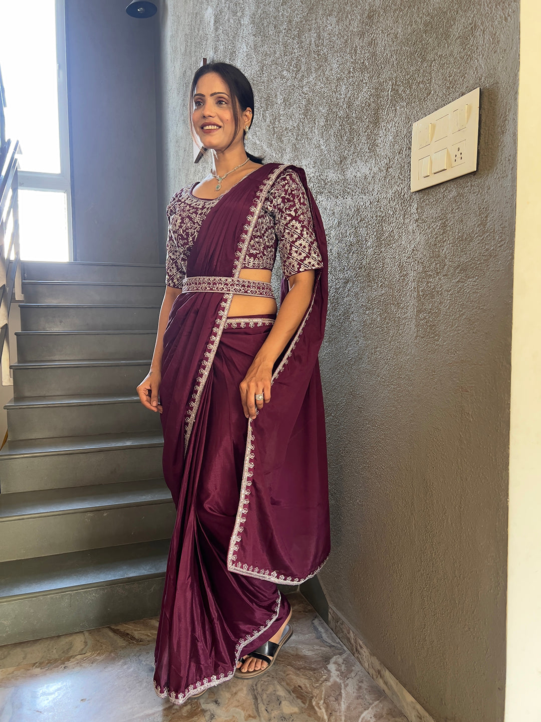Ready To Wear Chinnon Embroidery Work Saree With Stitched Blouse