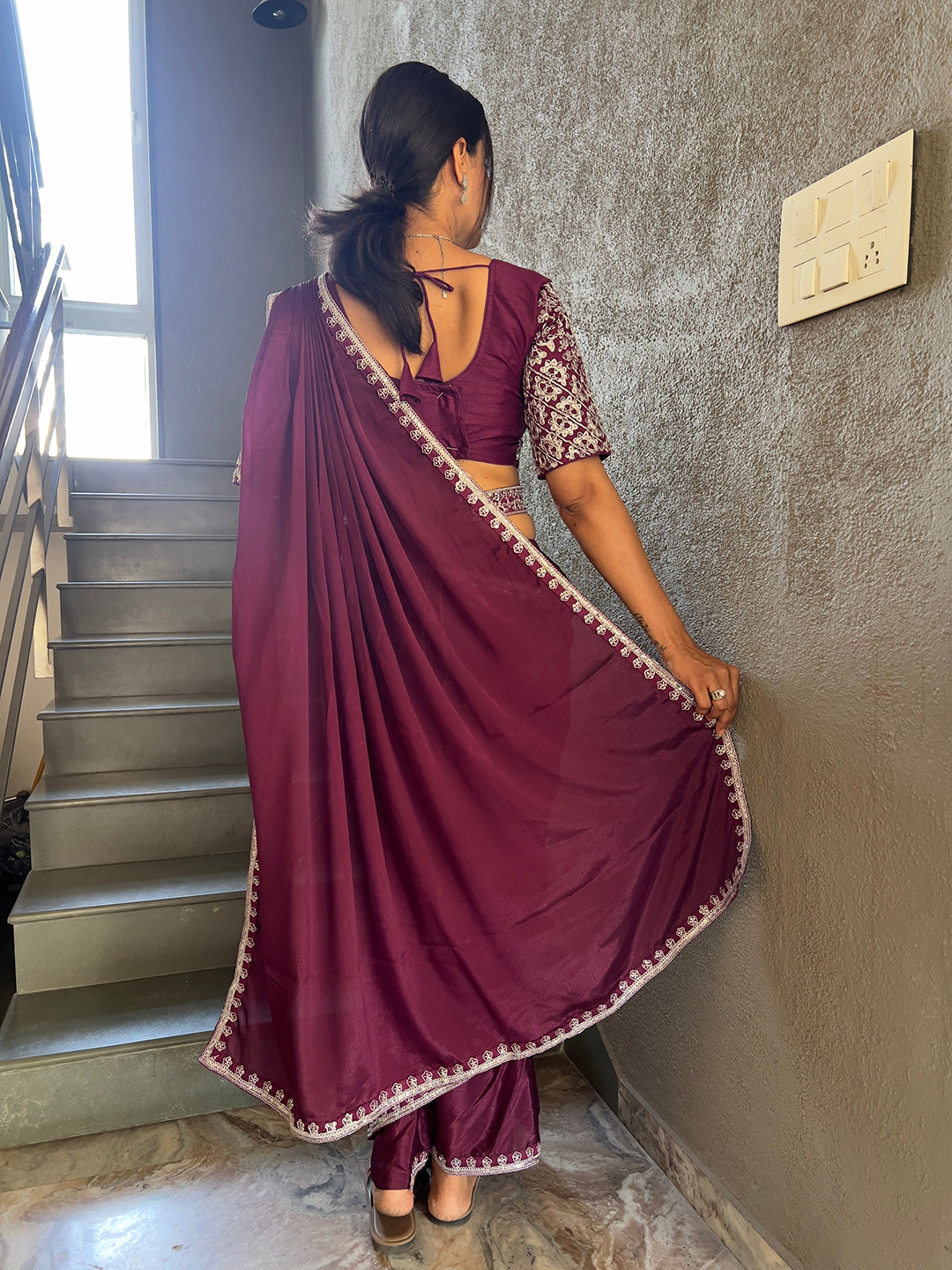 Ready To Wear Chinnon Embroidery Work Saree With Stitched Blouse