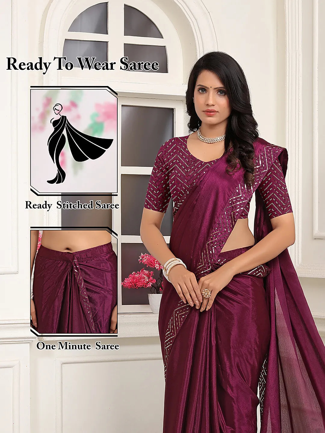 Pionex Ready To Wear Chinon Solid Saree With Embroidered Border