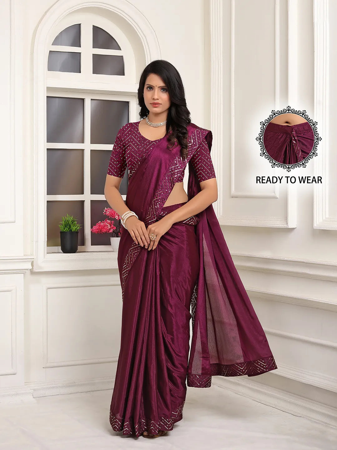 Pionex Ready To Wear Chinon Solid Saree With Embroidered Border