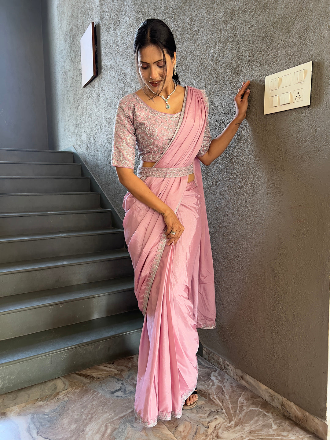 Ready To Wear Chinnon Embroidery Work Saree With Stitched Blouse