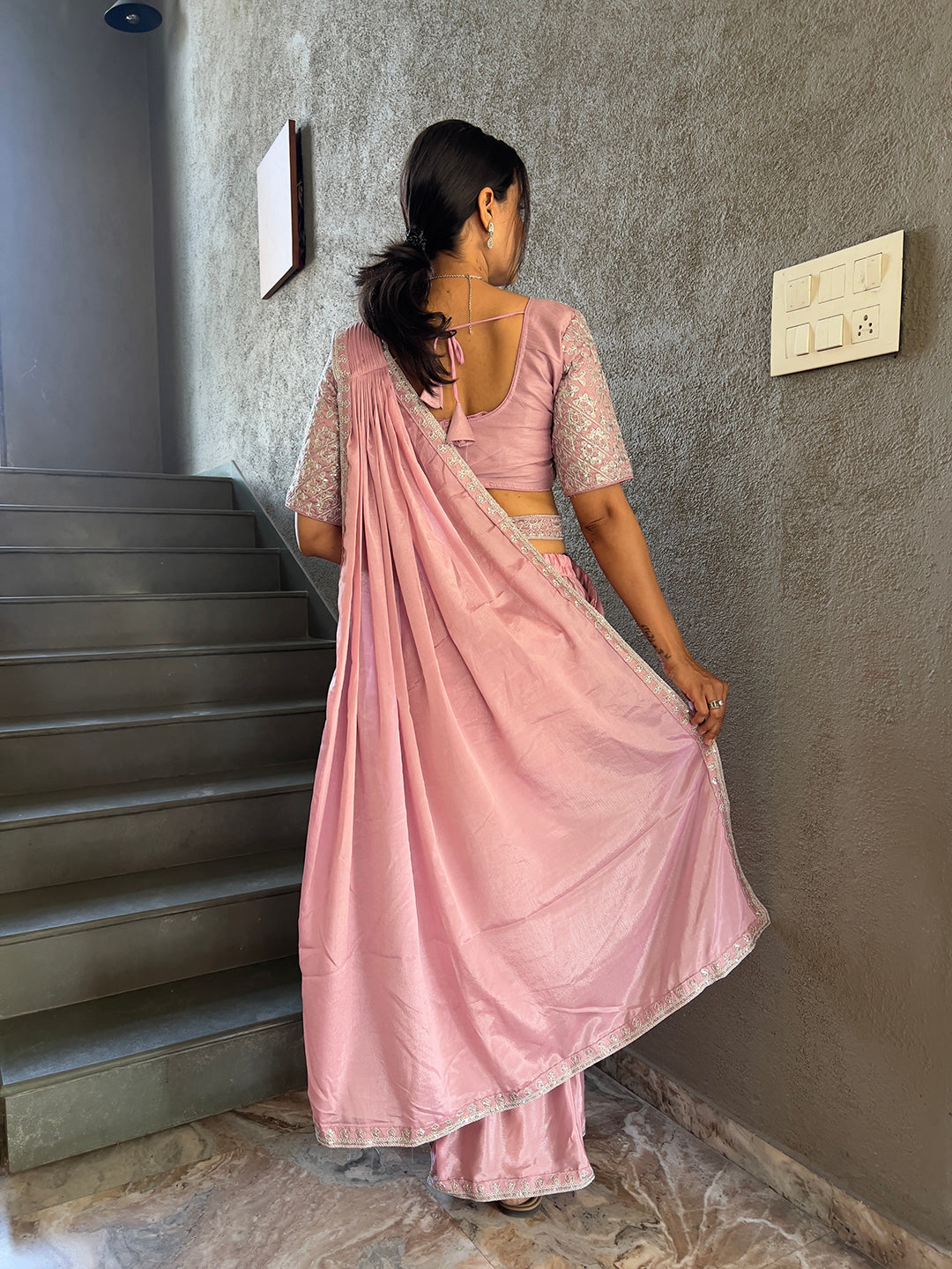 Ready To Wear Chinnon Embroidery Work Saree With Stitched Blouse