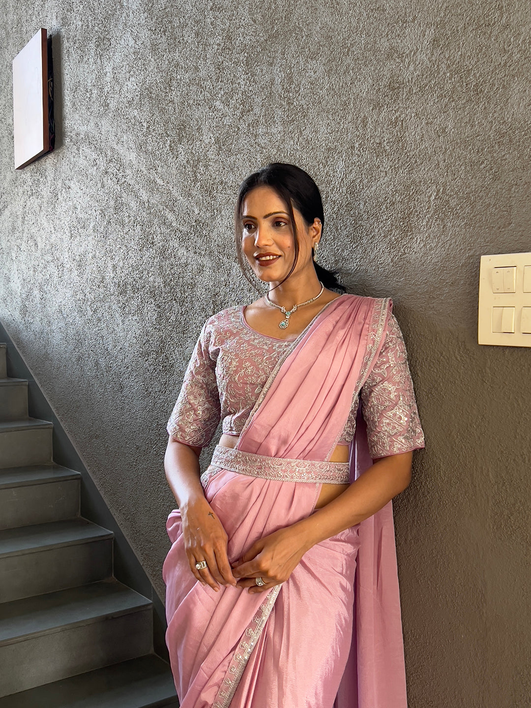Ready To Wear Chinnon Embroidery Work Saree With Stitched Blouse