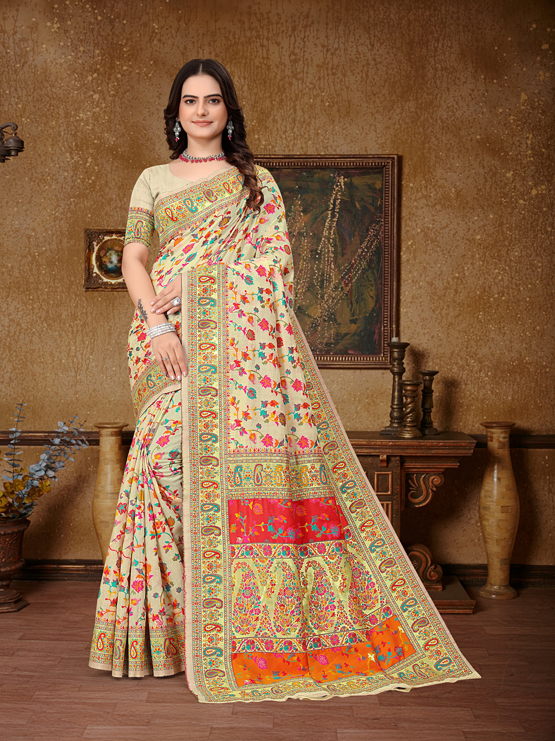 Pionex kashmiri pashmina patola litchi cotton silk saree