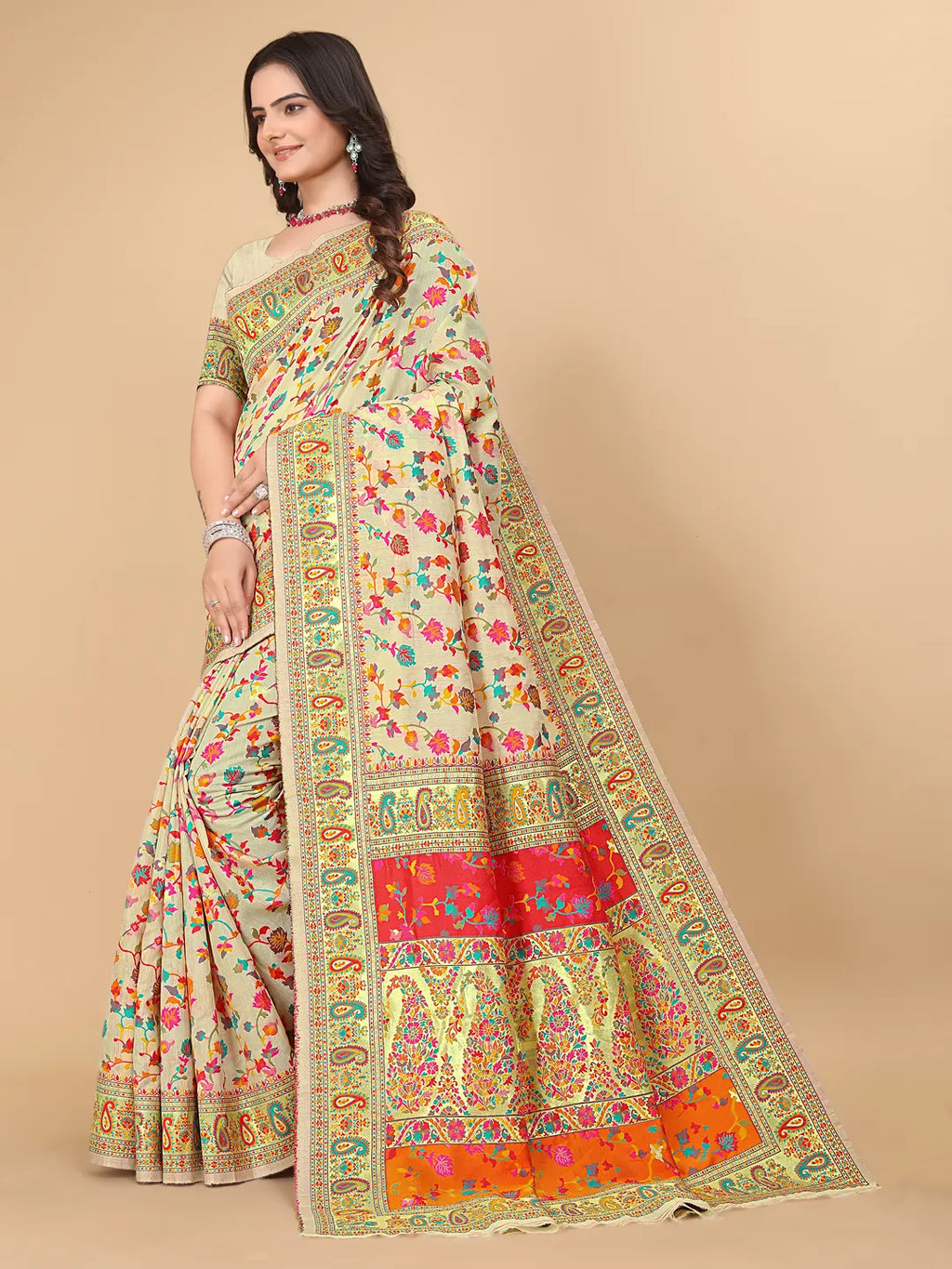 Pionex kashmiri pashmina patola litchi cotton silk saree