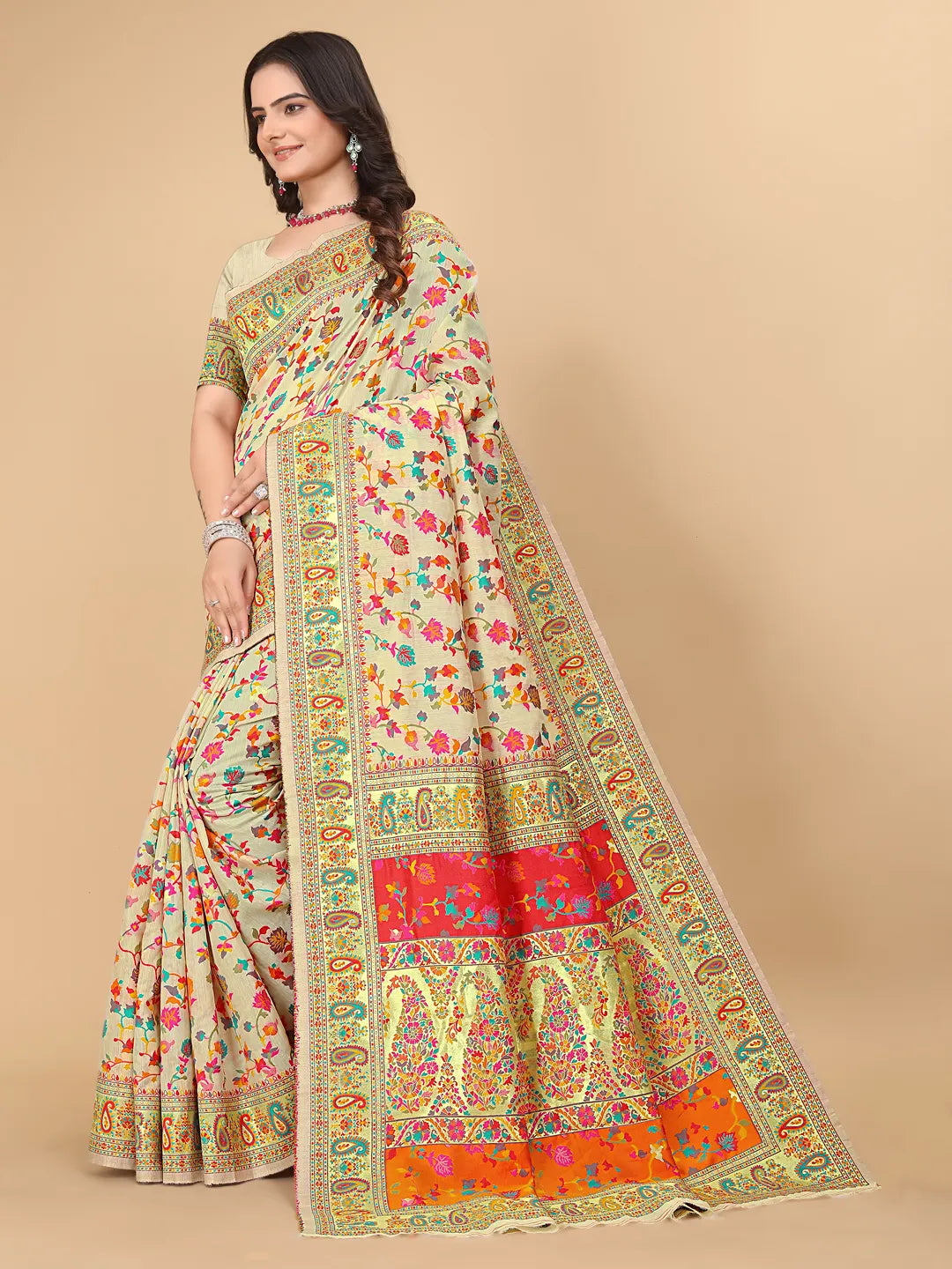 Pionex kashmiri pashmina patola litchi cotton silk saree