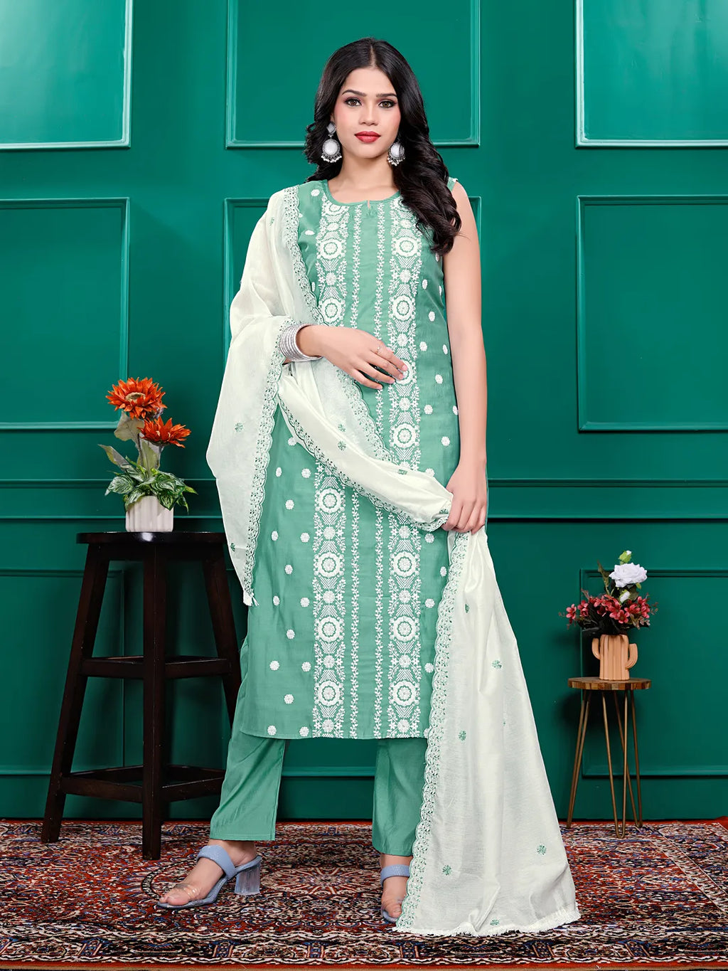 Roman Silk Embrodered Work Kurta Pant Set with Dupatta