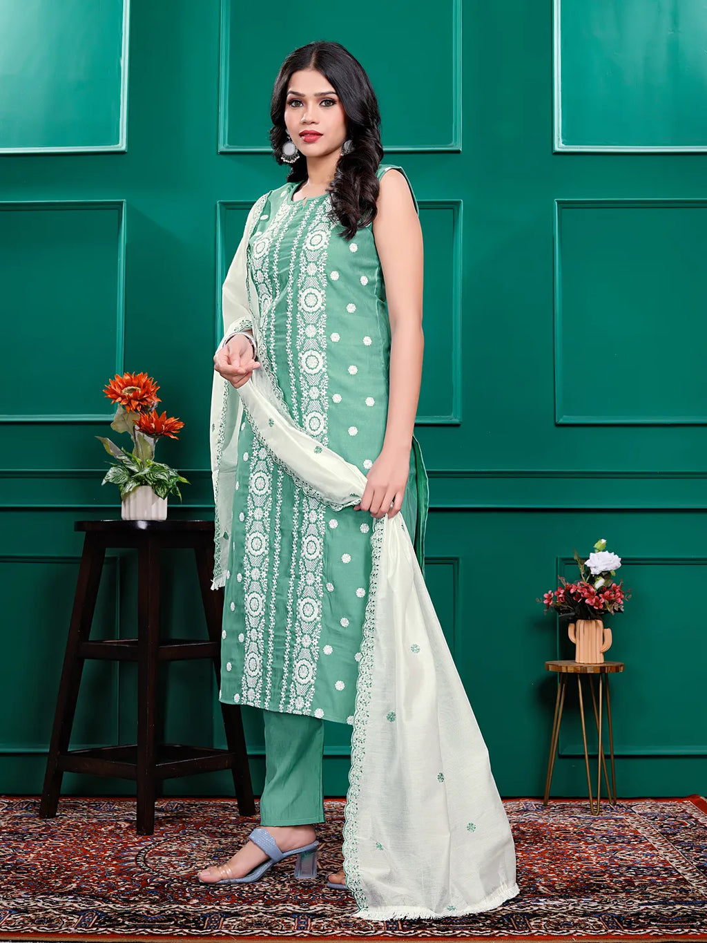 Roman Silk Embrodered Work Kurta Pant Set with Dupatta