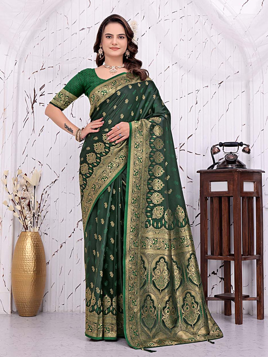Ready To Wear Satin Banarasi Silk Saree with Woven Zari Work & Rich Traditional Border