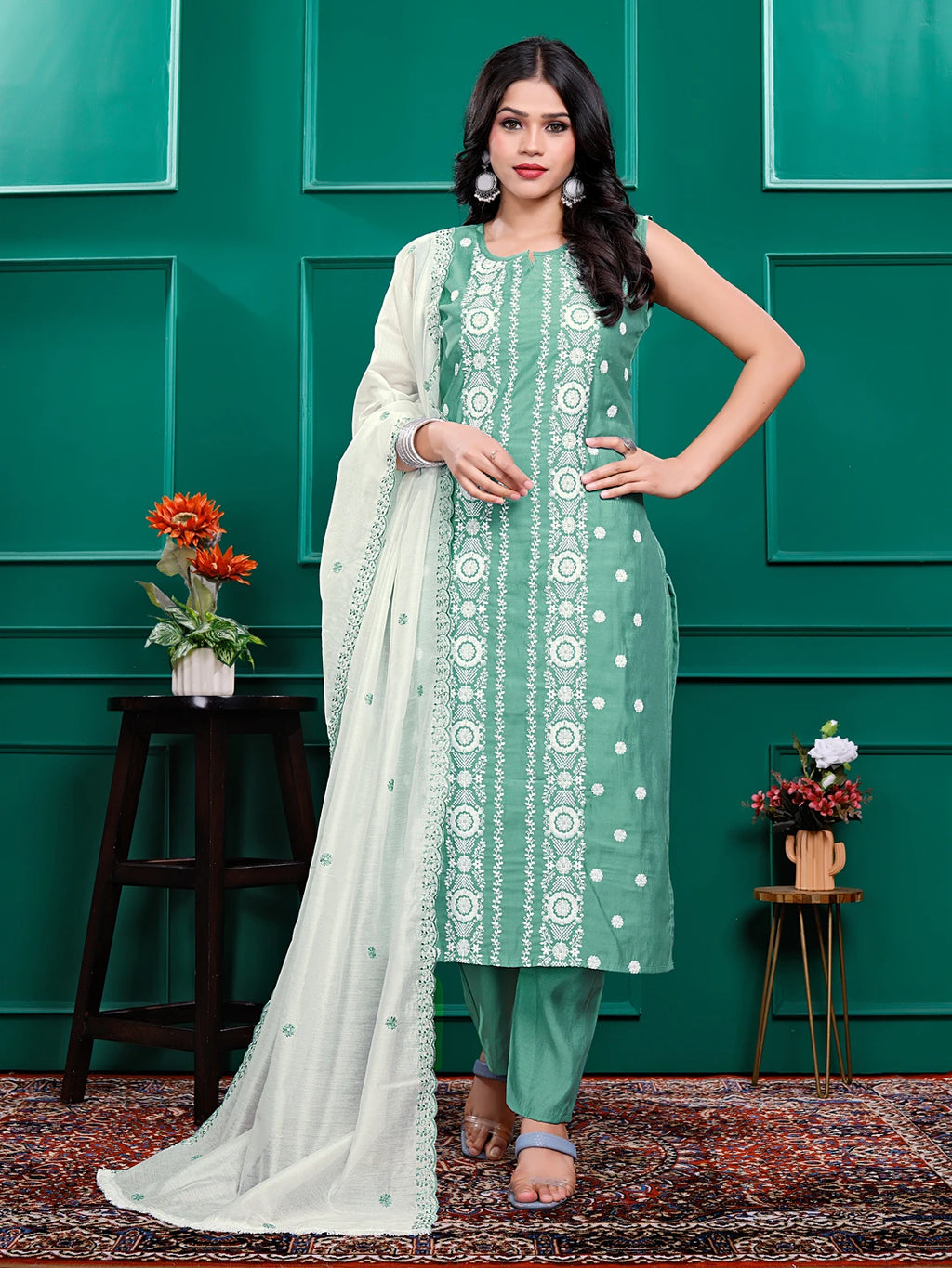 Roman Silk Embrodered Work Kurta Pant Set with Dupatta