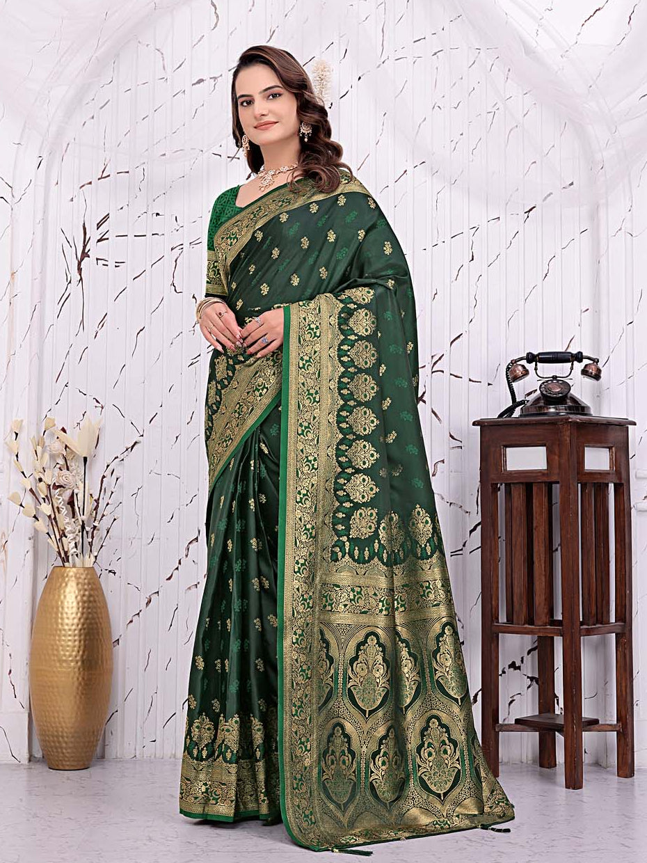 Ready To Wear Satin Banarasi Silk Saree with Woven Zari Work & Rich Traditional Border