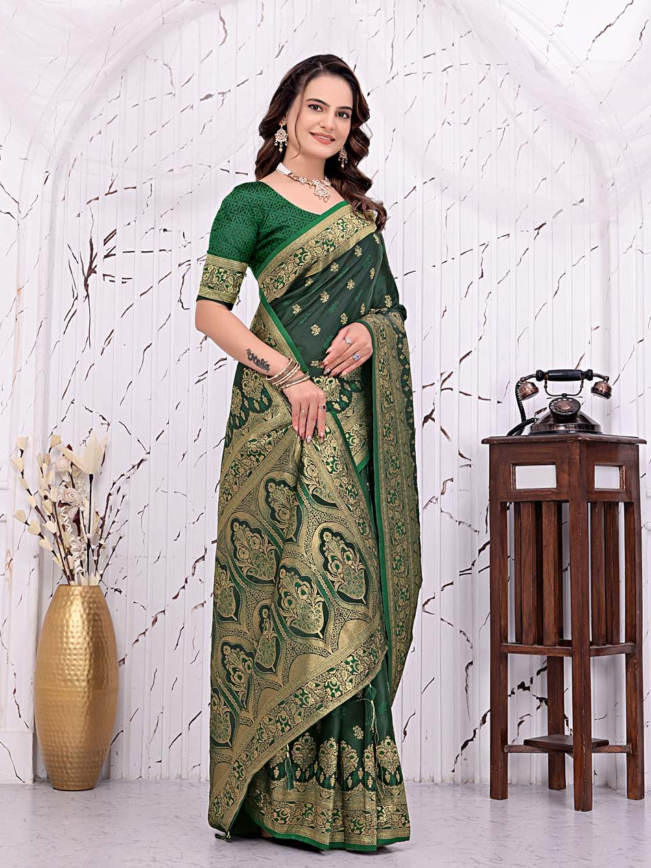 Ready To Wear Satin Banarasi Silk Saree with Woven Zari Work & Rich Traditional Border