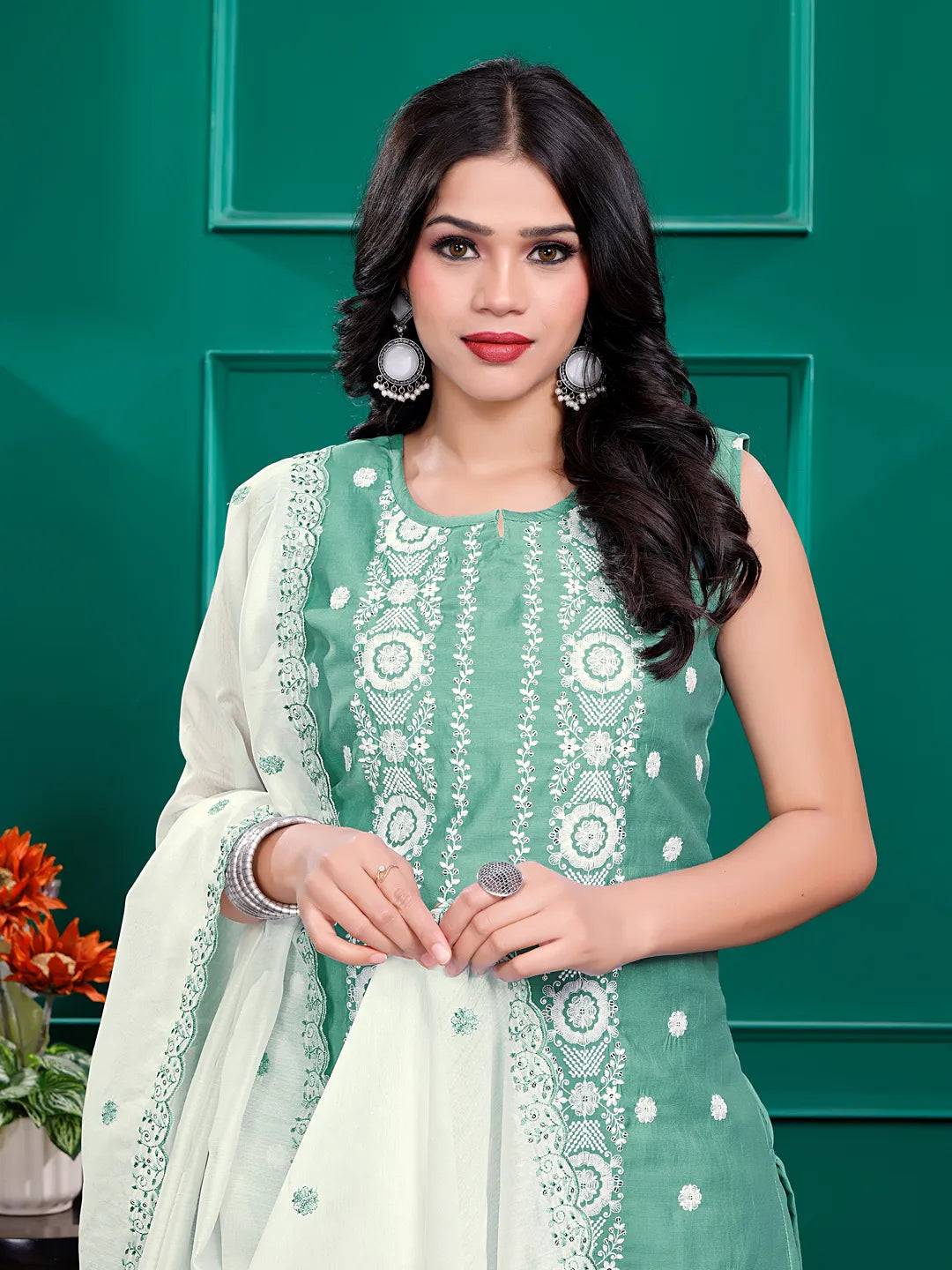 Roman Silk Embrodered Work Kurta Pant Set with Dupatta