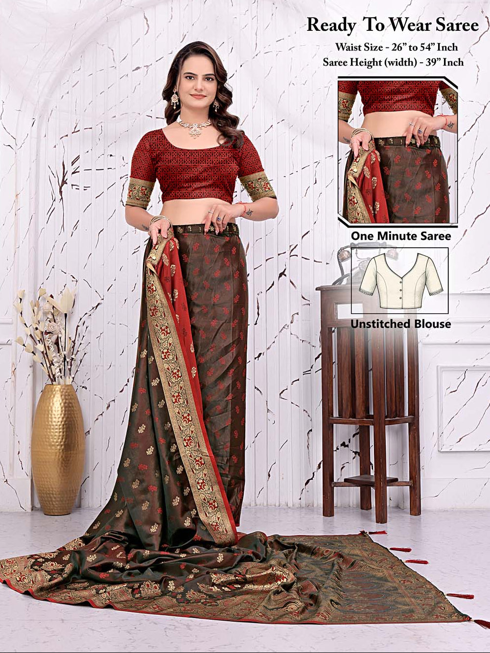 Ready to wear satin Banarasi silk saree with woven zari border – design 2, front view