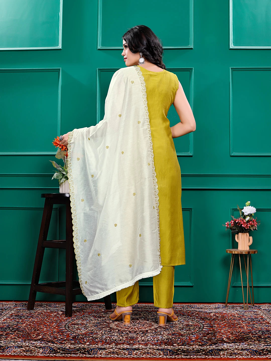 Roman Silk Embrodered Work Kurta Pant Set with Dupatta