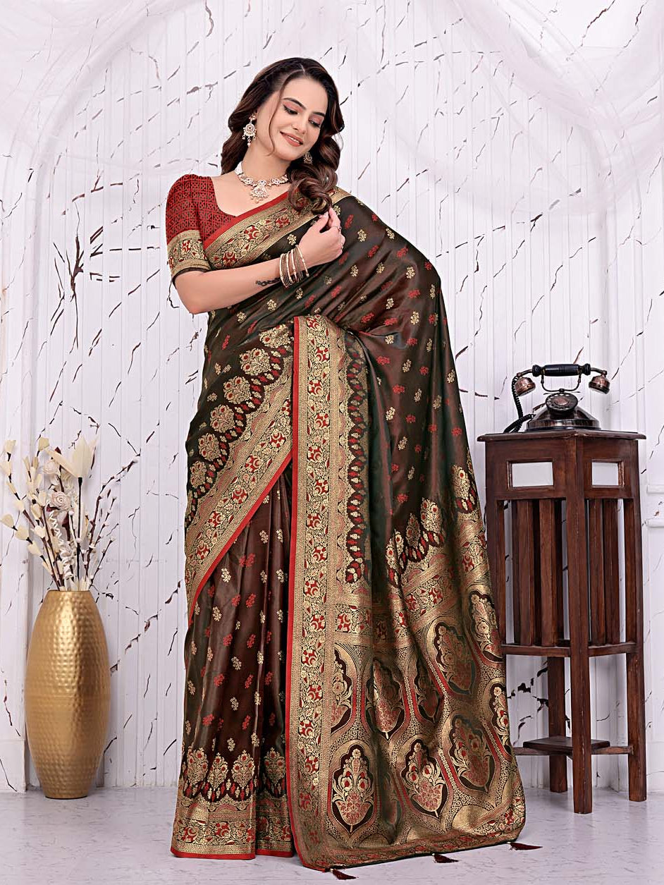 Ready To Wear Satin Banarasi Silk Saree with Woven Zari Work & Rich Traditional Border
