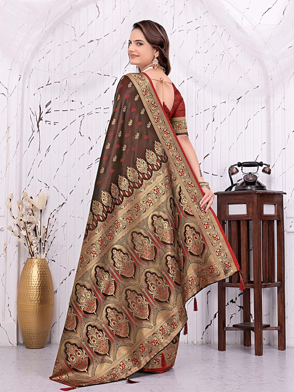 Ready To Wear Satin Banarasi Silk Saree with Woven Zari Work & Rich Traditional Border