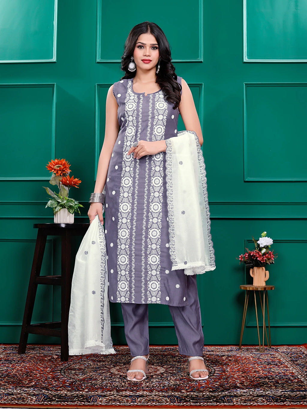 Roman Silk Embrodered Work Kurta Pant Set with Dupatta