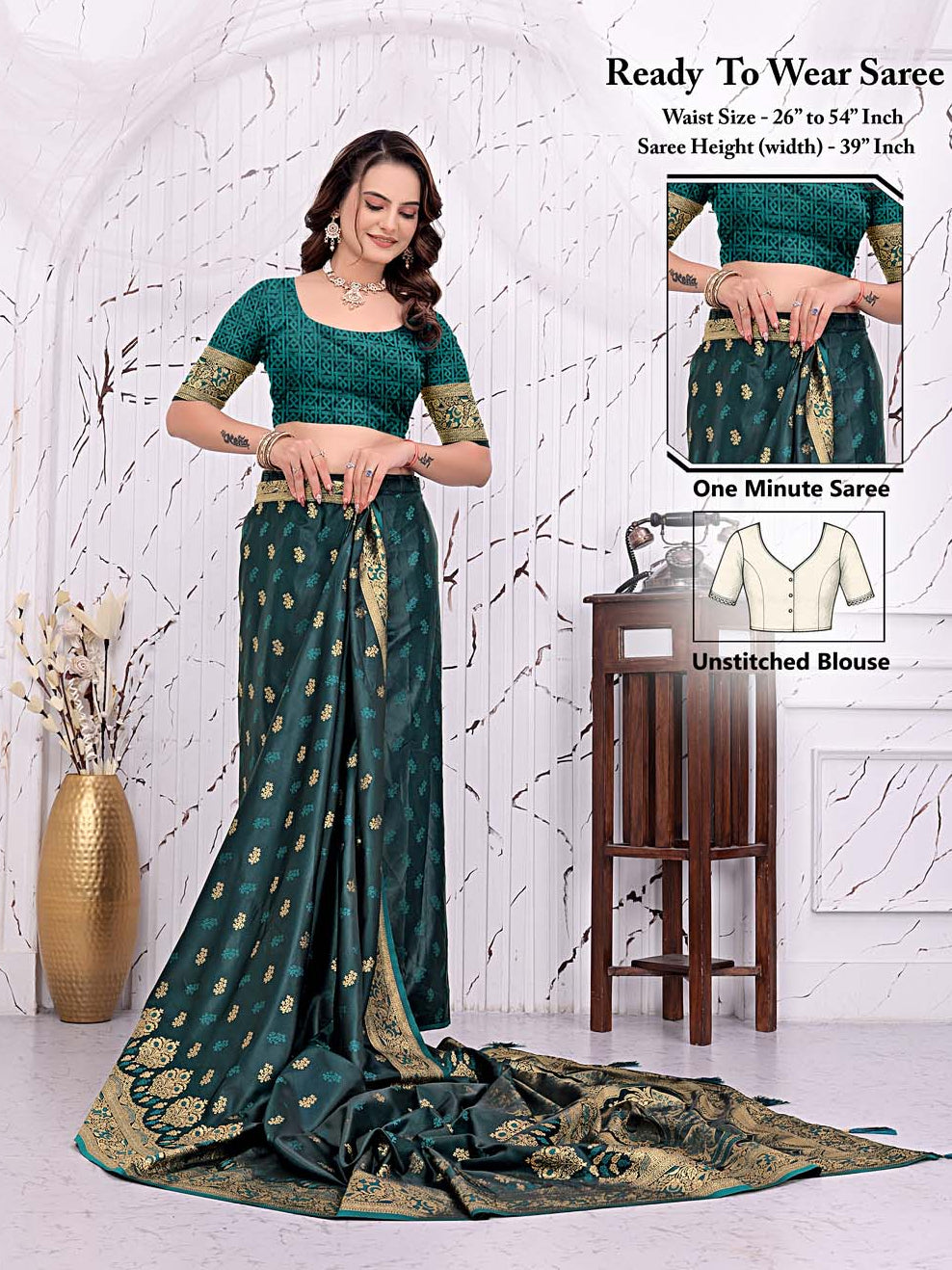 Ready to wear satin Banarasi silk saree with woven zari border – teal green, front view