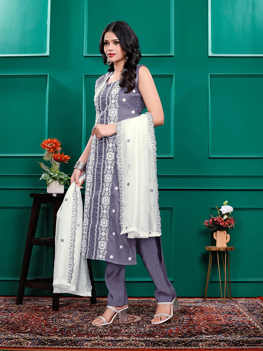 Roman Silk Embrodered Work Kurta Pant Set with Dupatta