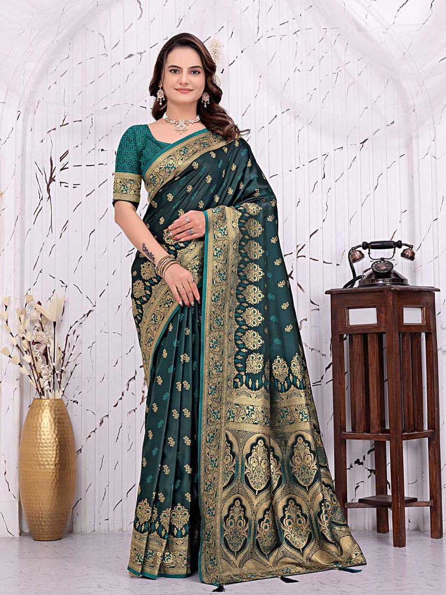 Ready To Wear Satin Banarasi Silk Saree with Woven Zari Work & Rich Traditional Border