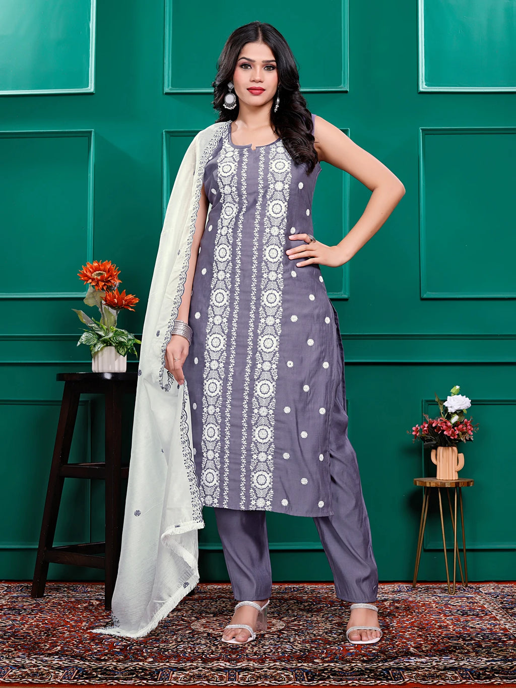 Roman Silk Embrodered Work Kurta Pant Set with Dupatta