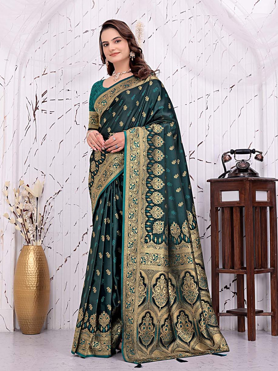 Ready To Wear Satin Banarasi Silk Saree with Woven Zari Work & Rich Traditional Border