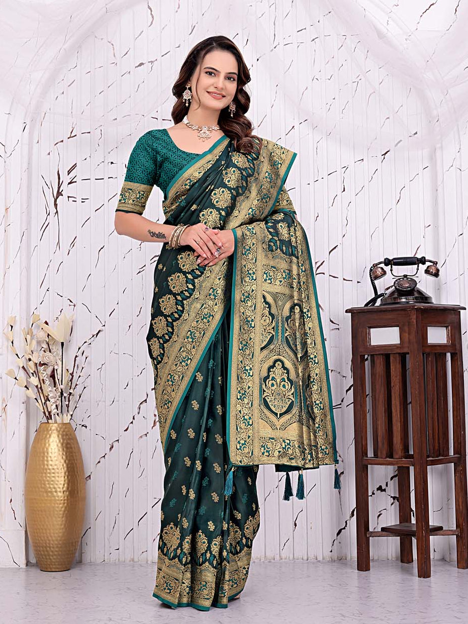 Ready To Wear Satin Banarasi Silk Saree with Woven Zari Work & Rich Traditional Border