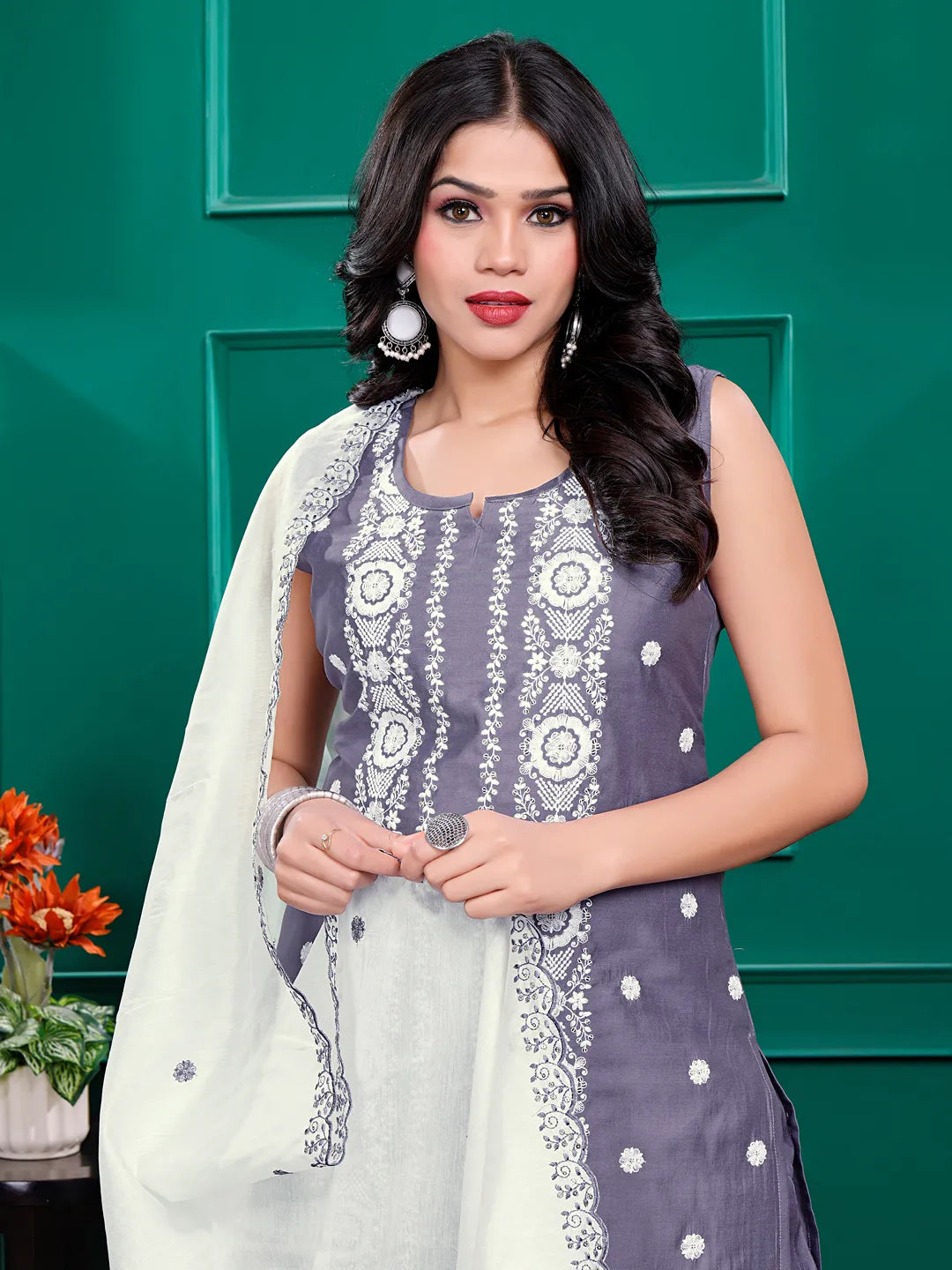 Roman Silk Embrodered Work Kurta Pant Set with Dupatta