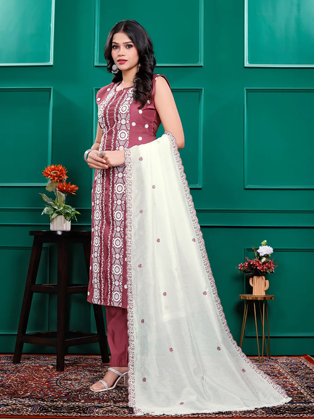 Roman Silk Embrodered Work Kurta Pant Set with Dupatta