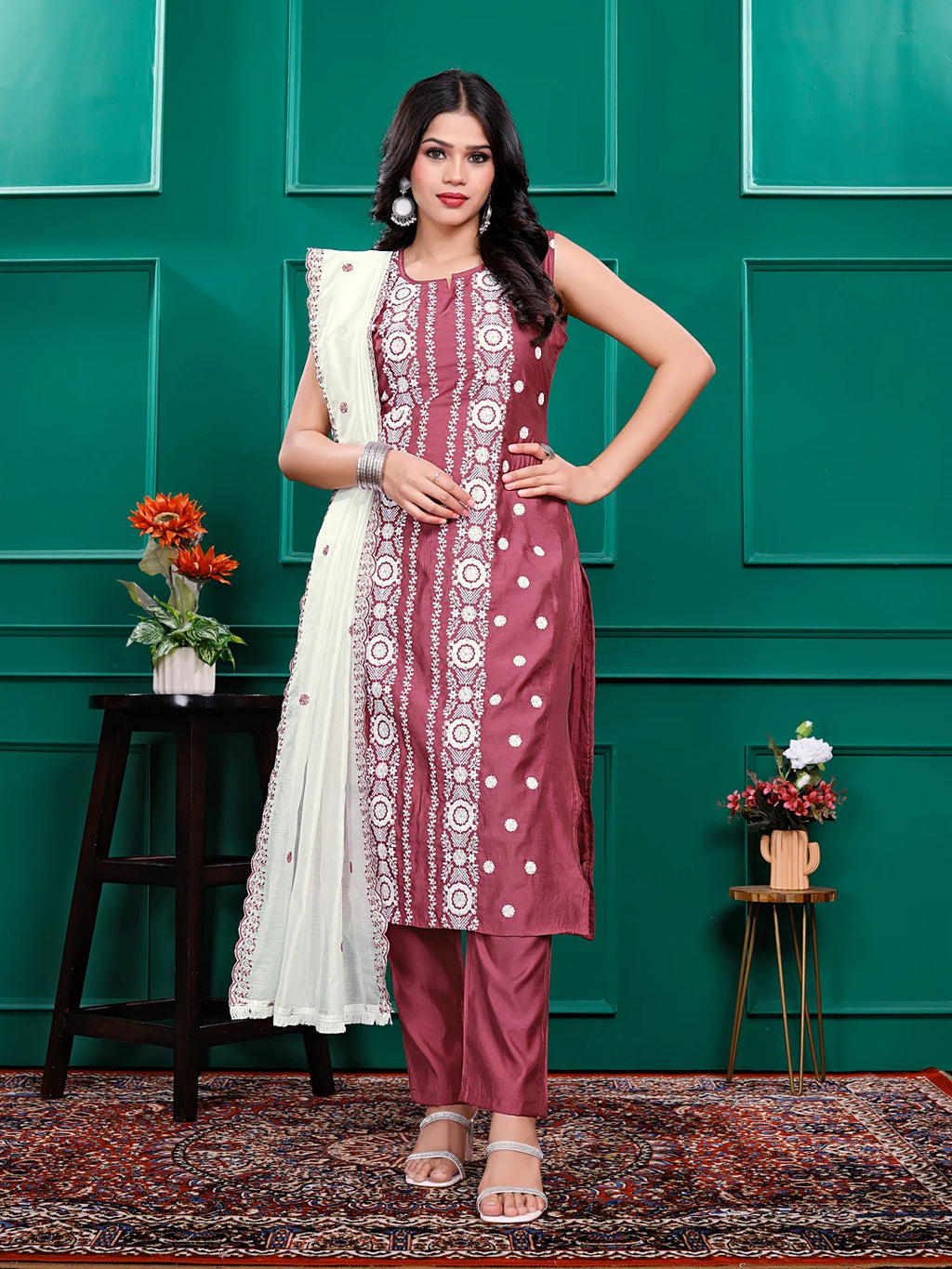 Roman Silk Embrodered Work Kurta Pant Set with Dupatta