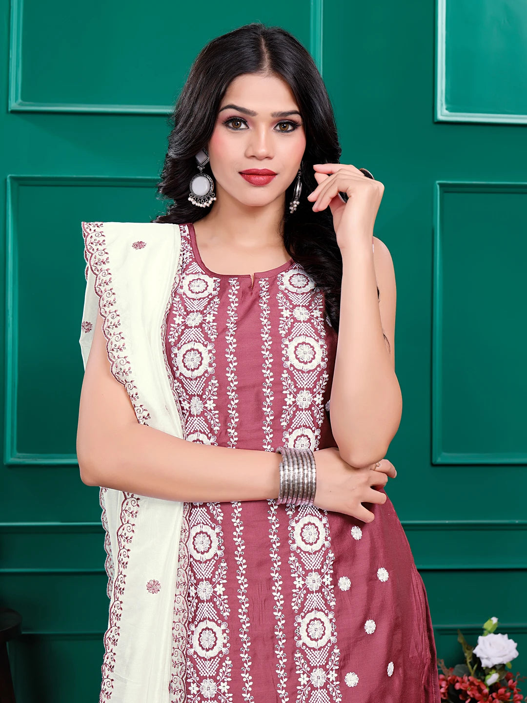Roman Silk Embrodered Work Kurta Pant Set with Dupatta
