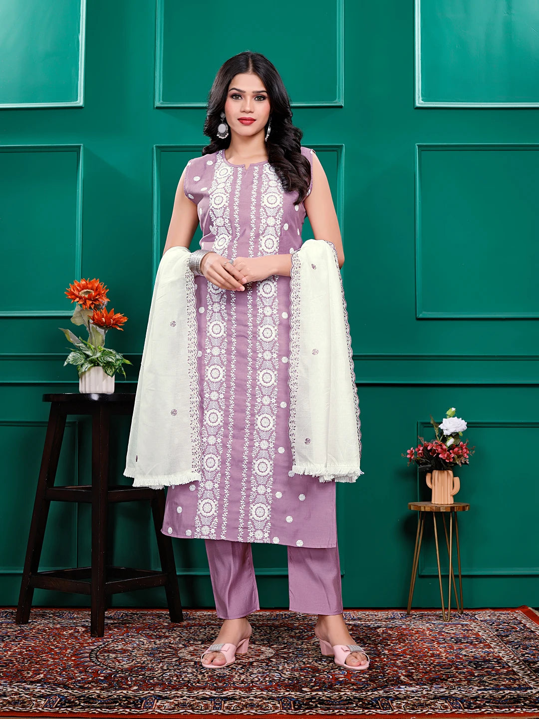 Roman Silk Embrodered Work Kurta Pant Set with Dupatta