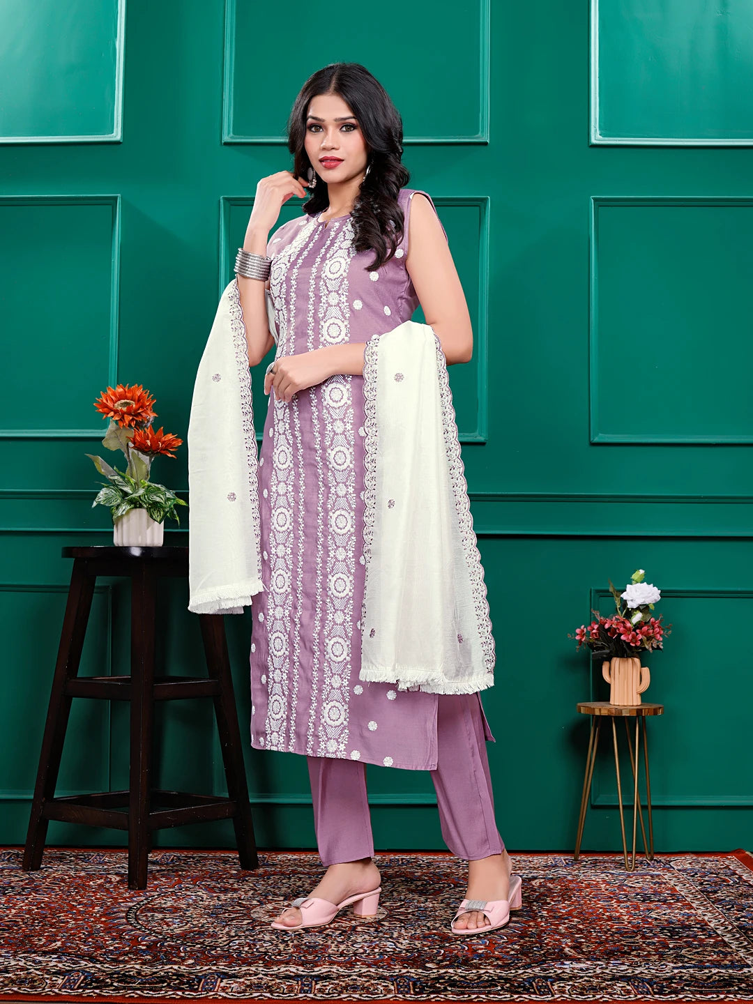 Roman Silk Embrodered Work Kurta Pant Set with Dupatta