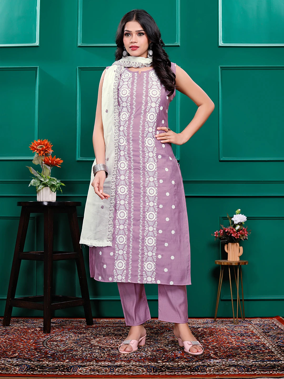 Roman Silk Embrodered Work Kurta Pant Set with Dupatta