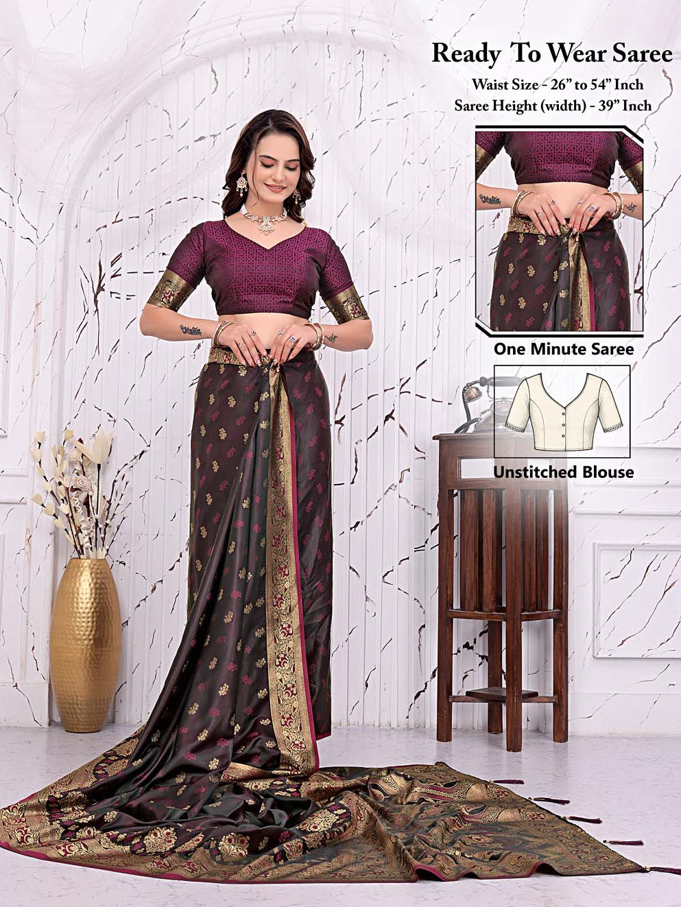 Ready to wear satin Banarasi silk saree with woven zari border – brown and gold, front view