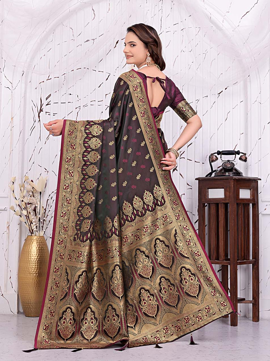 Ready To Wear Satin Banarasi Silk Saree with Woven Zari Work & Rich Traditional Border
