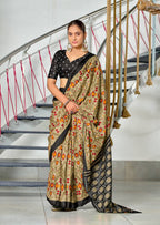 Ikkat Hand Block Print Mulmul Cotton Saree