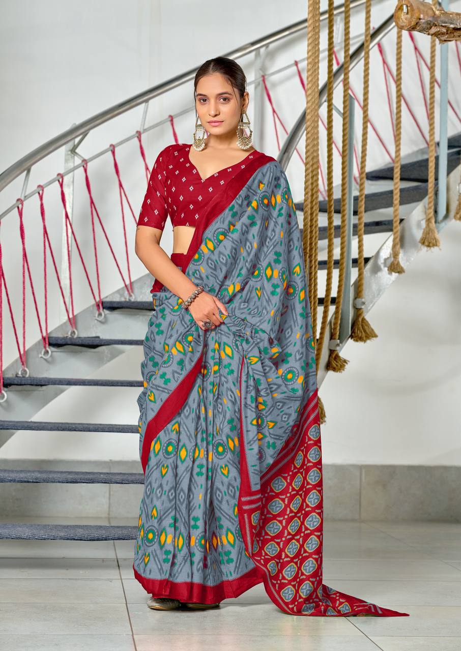 Ikkat Hand Block Print Mulmul Cotton Saree