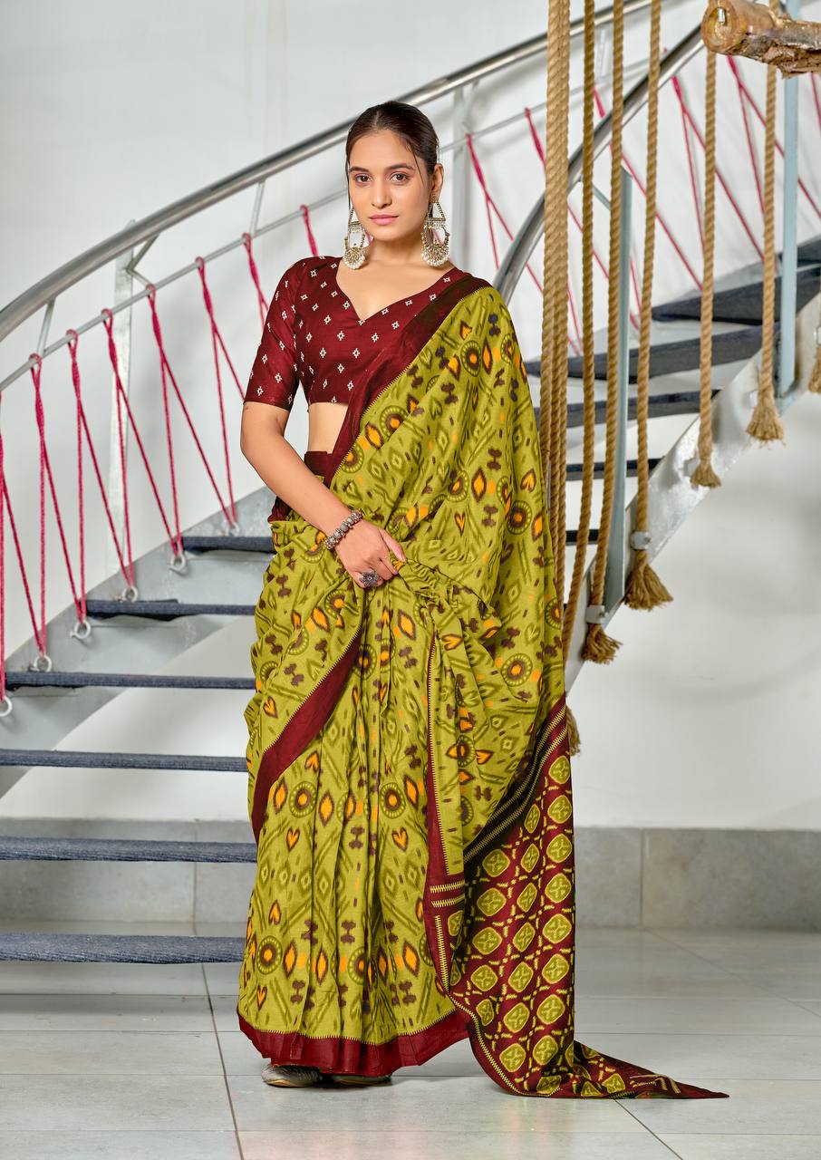 Ikkat Hand Block Print Mulmul Cotton Saree